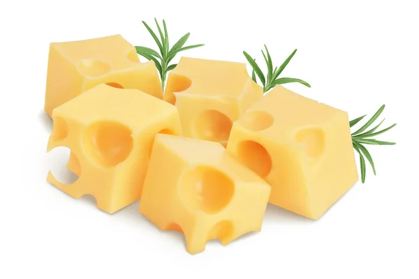 Kostki sera wyizolowane na białym tle ze ścieżką wycinania i pełną głębią ostrości — Zdjęcie stockowe