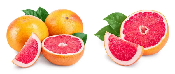 Grapefruit and slice with leaves isolated on white background, Set or collection — 图库照片