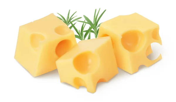 Cubos de queso aislados sobre fondo blanco con camino de recorte y profundidad completa de campo — Foto de Stock