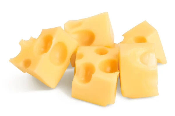 クリッピングパスとフィールドの深さを持つ白い背景に隔離されたチーズのキューブ — ストック写真