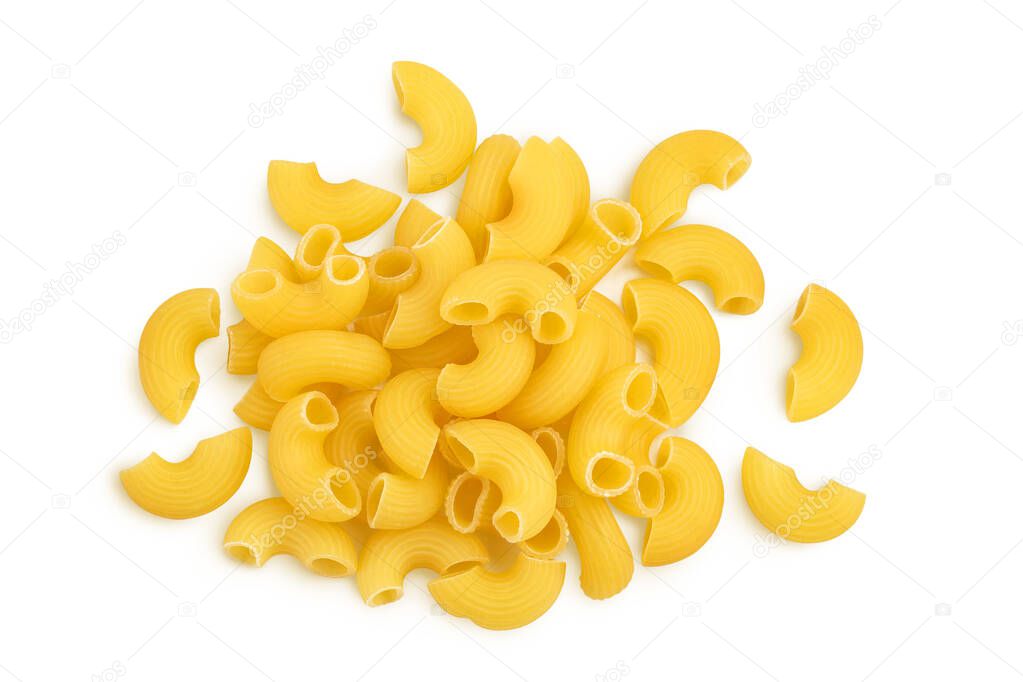 raw macaroni pasta isolated on white background with clipping path and full depth of field. Top view. Flat lay