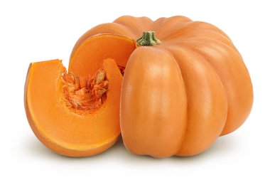 Taze turuncu balkabağı beyaz arka planda izole edilmiş kırpma yolu ve tam derinlik