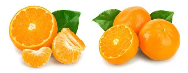 Tangerina ou tangerina com folhas isoladas sobre fundo branco. Conjunto ou coleção — Fotografia de Stock