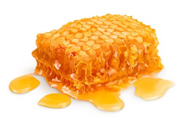 Bal petekleri ve bal birikintisi kırpma yolu ve tam derinlikteki beyaz arkaplanda izole edildi