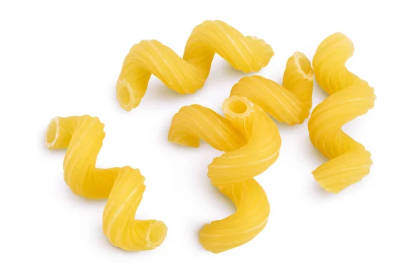 Rohe Pasta Cavatappi isoliert auf weißem Hintergrund mit Clipping-Pfad und voller Schärfentiefe. Ansicht von oben. Flache Lage — Stockfoto