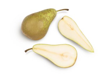 Yeşil konferans armudu kırpma yolu ve tam alan derinliği ile beyaz arkaplanda izole edildi, Üst Görünüm. Düz yatıyordu