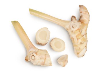 Kesme yolu ve alan derinliği ile beyaz arkaplanda izole edilmiş taze galangal kökü. Üst Manzara. Düz yatıyordu