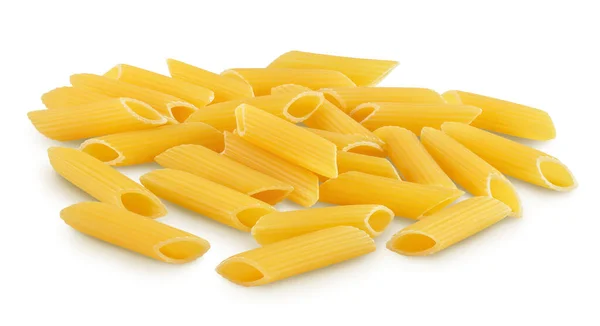 Raw italian penne rigate pasta isolated on white background with clipping path and full depth of field — Stock Photo, Image