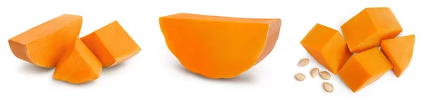 Świeża pomarańczowa dynia odizolowana na białym tle ze ścieżką wycinania i pełną głębią pola. Zestaw lub kolekcja — Zdjęcie stockowe
