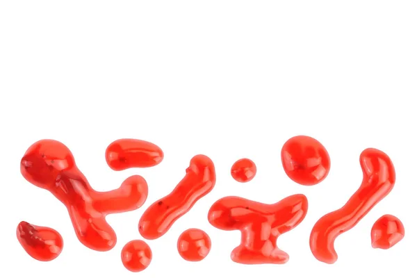 Rote Erdbeermarmelade isoliert auf weißem Hintergrund mit Ausschnittpfad und voller Schärfentiefe, Draufsicht mit Kopierraum für Ihren Text. Flach lag er. Flache Lage — Stockfoto
