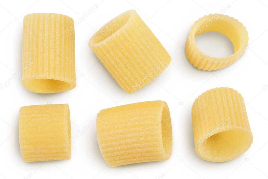 raw italian pasta isolated on white background with clipping path . Mezze Maniche Rigate Bronze die. Top view. Flat lay. Set or collection