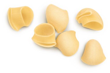 Lumaconi makarnası kırpma yolu ve tam derinlikte beyaz zemin üzerinde izole edilmiş. Metnin için kopyalama alanı olan üst görünüm. Düz yatıyordu