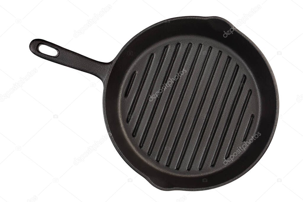 Empty cast iron grill frying pan isolated on white background with clipping path. Top view.