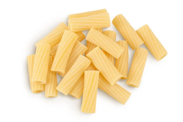 Raw italian tortiglioni pasta isolated on white background with clipping path and full depth of field. Top view. Flat lay — Stock Photo, Image
