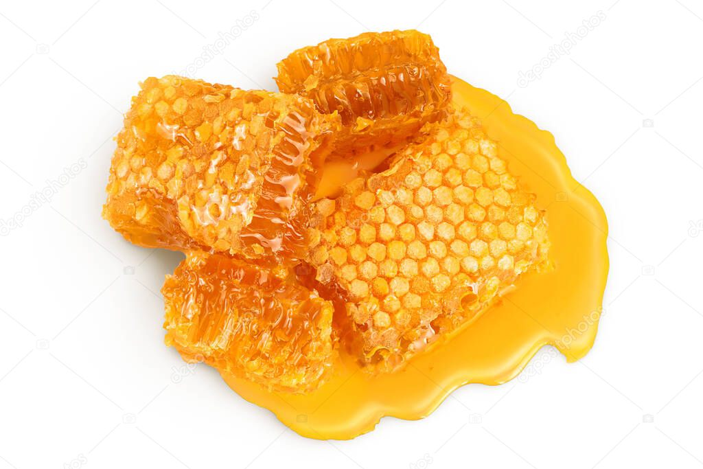Honeycombs and honey puddle isolated on white background with clipping path and full depth of field. Top view. Flat lay