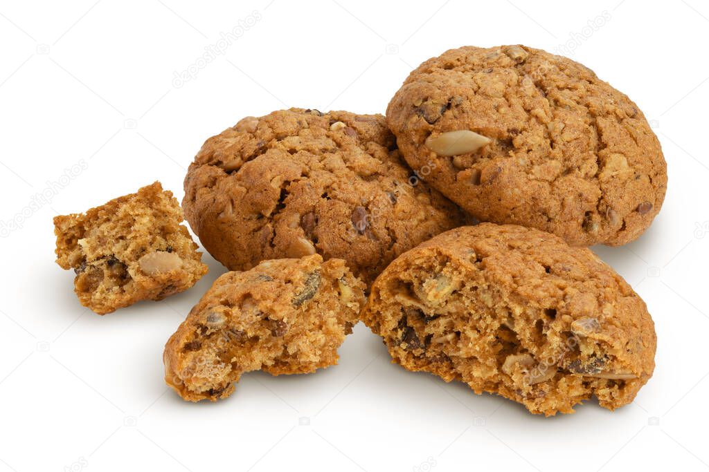 oatmeal cookies with flax, pumpkin and sunflower seeds isolated on white background with clipping path and full depth of field