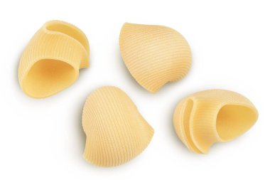 Lumaconi makarnası kırpma yolu ve tam derinlikte beyaz zemin üzerinde izole edilmiş. Üst Manzara. Düz yatıyordu