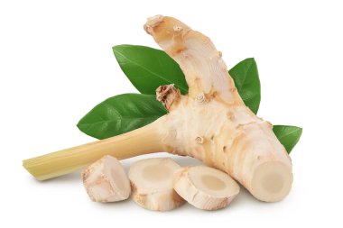 Kesme yolu ve tam derinlik alan ile beyaz arkaplan üzerinde izole dilimler ile taze galangal kök.