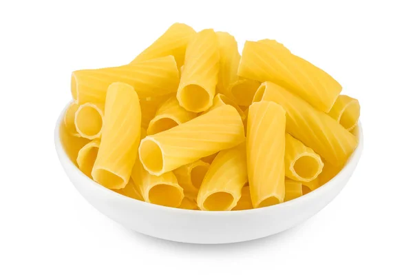 Raw italian Rigatoni pasta in ceramic bowl isolated on white background with clipping path and full depth of field — Stock Photo, Image