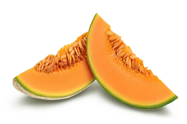 Cantaloupe Melone Stück isoliert auf weißem Hintergrund mit Clipping-Pfad und voller Schärfentiefe. — Stockfoto