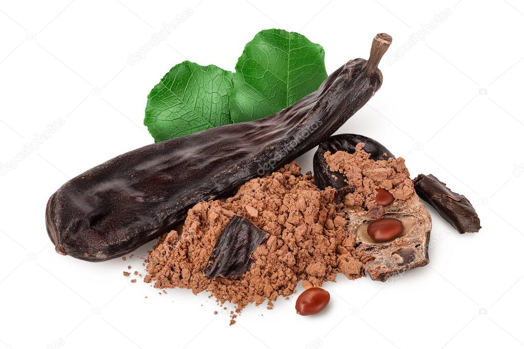 Carob pod and powder isolated on white background with clipping path and full depth of field.