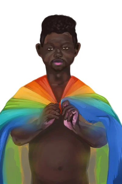 HBTQ kärlek koncept illustration, tecknad platt homosexuella svarta män som håller regnbåge flagga — Stockfoto
