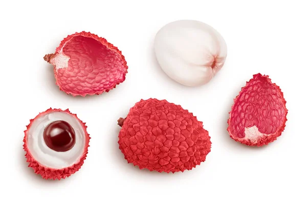 Lychee fruit isolated on white background with clipping path and full depth of field. Top view. Flat lay — Stock Photo, Image