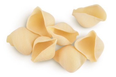 Conchiglioni İtalyan makarnası kesme yolu olan beyaz arka planda izole edilmiş. Üst Manzara. Düz yatıyordu