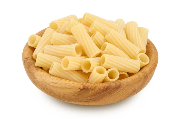 Raw Italian Tortiglioni Pasta Wooden Bowl Isolated White Background Full — Stock Photo, Image