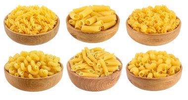raw macaroni pasta in wooden bowl isolated on white background with clipping path and full depth of field. Set or collection. clipart