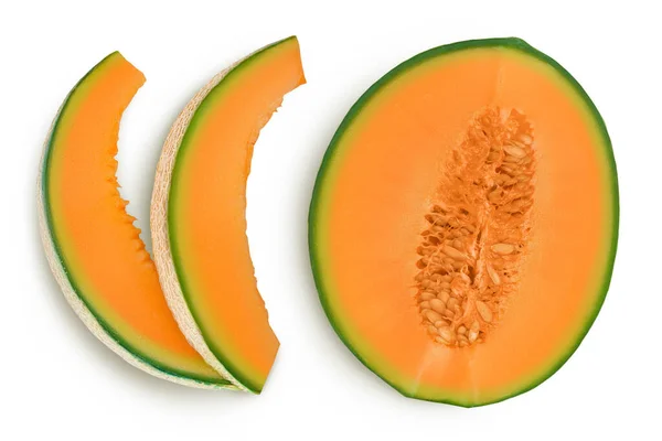 Cantaloupe Meloen Geïsoleerd Witte Achtergrond Met Volle Velddiepte Bovenaanzicht Vlakke — Stockfoto