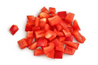 diced of red sweet bell pepper isolated on white background. Top view. Flat lay.