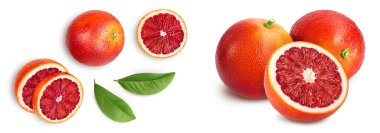 Kan kırmızısı portakallar kesme yolu ile beyaz arka planda izole. Üst Manzara. Düz yatıyordu.