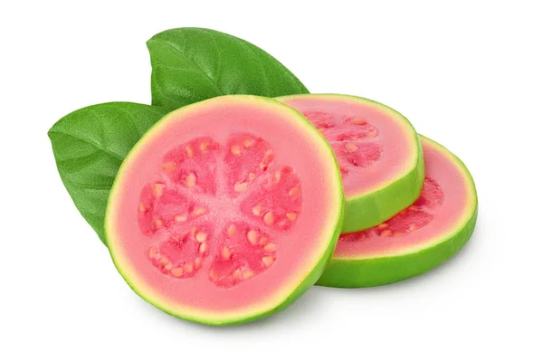 Kawałki Owoców Guawy Odizolowane Białym Tle Pełną Głębią Pola — Zdjęcie stockowe