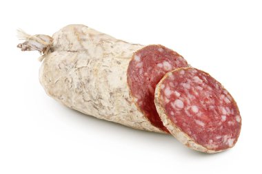 Cured salami sausage isolated on white background. Italian cuisine with full depth of field.