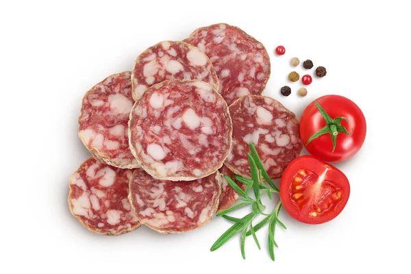 Cured salami sausage slices isolated on white background. Italian cuisine with full depth of field. Top view. Flat lay