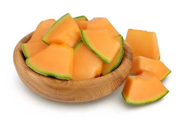 Cantaloupe Melon Pieces Wooden Bowl Isolated White Background Full Depth — Stockfoto