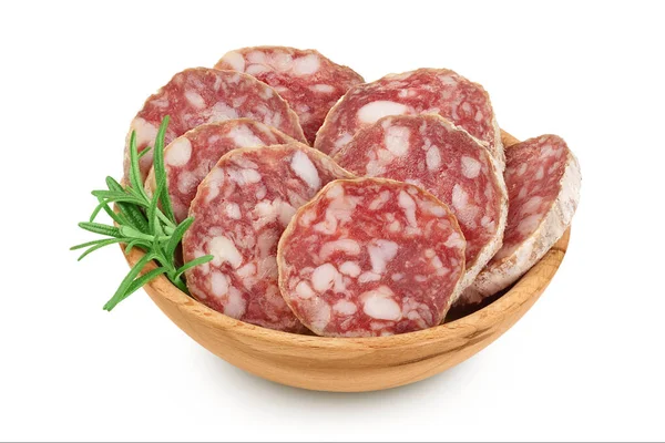 Cured Salami Sausage Wooden Bowl Isolated White Background Italian Cuisine — 스톡 사진