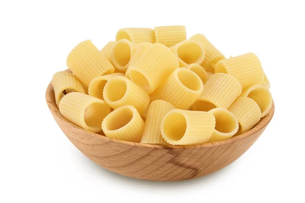 Rauwe Italiaanse Pasta Houten Kom Geïsoleerd Witte Achtergrond Mezze Maniche — Stockfoto