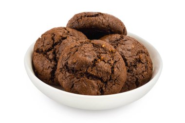 chocolate cookies in ceramic bowl isolated on white background with full depth of field.