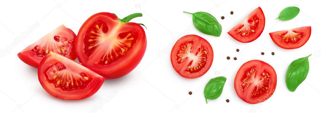 Tomato half and slices isolated on white background with depth of field. Set or collection.