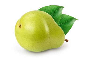 Yeşil armut meyvesi beyaz arka planda izole edilmiş, geniş bir alana yayılmış..