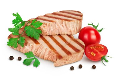 Tuna fish steak grilled isolated on white background with full depth of field,