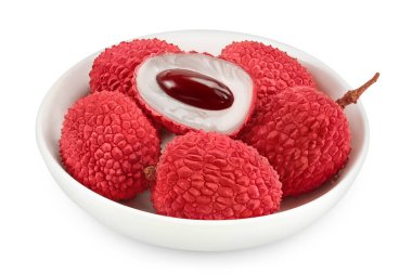 lychee fruit in ceramic bowl isolated on white background with full depth of field.