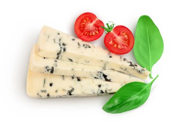 Blue cheese gorgonzola isolated on white background with full depth of field. Top view. Flat lay