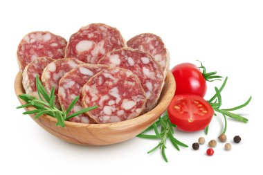 Cured salami sausage in wooden bowl isolated on white background. Italian cuisine with full depth of field.