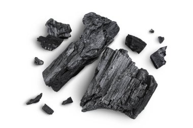 Natural wooden charcoal isolated on white background with full depth of field. Top view. Flat lay.