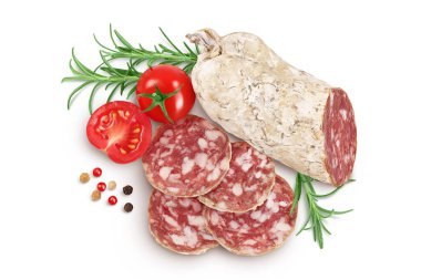 Cured salami sausage slices isolated on white background. Italian cuisine with full depth of field. Top view. Flat lay
