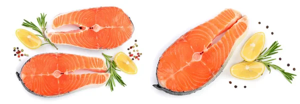 Slice Red Fish Salmon Lemon Rosemary Peppercorns Isolated White Background — 图库照片