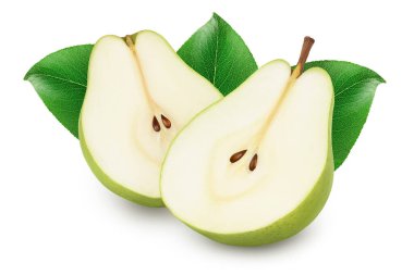Green pear fruit half isolated on white background with full depth of field.